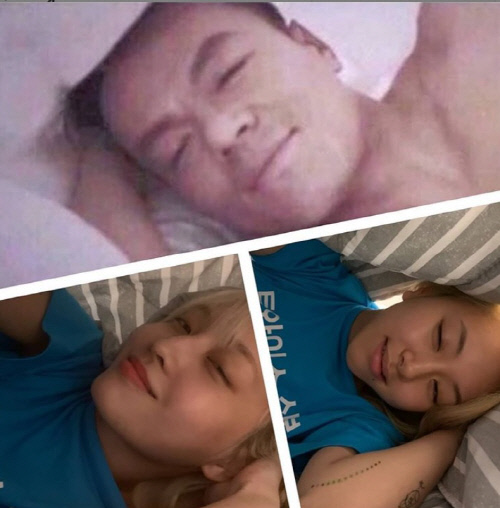 가수 박진영(위)이 16일 트와이스 정연이 멤버 모모(아래 왼쪽), 채영을 합성해 만든 남친짤을 공개해 웃음을 줬다. 출처|박진영SNS