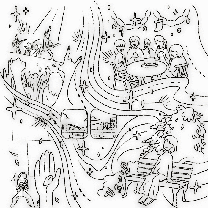 ‘지지 않는 초단편 만화 온라인 전시회’에 올라온 LUTO(루토) 독립만화 작가의 <사랑은 나에게서 행동으로>.  생일 파티·산책·공연 등 평화로운 일상을 누리던 한 시민이 길 위에서 응원봉을 들고 나서게 되는 모습을 담았다. 작가 제공