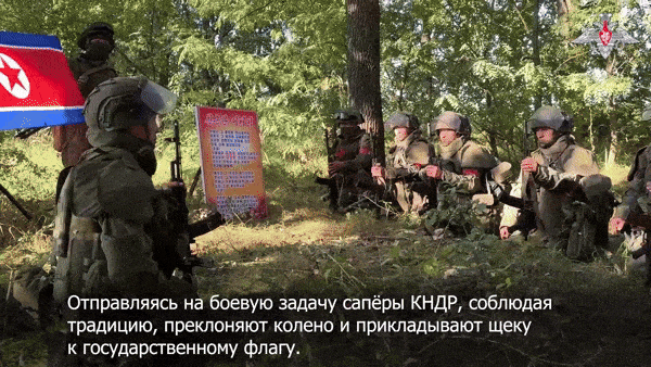 14일(현지시간) 러시아 국방부 기관지 크라스나야즈베즈다와 현지 일간 이즈베스티야는 북한 공병들이 러시아 공병들과 함께 쿠르스크 최전선에서 지뢰 제거를 위해 협력하는 현장을 공개했다. 사진은 지뢰 제거에 투입된 북한 공병이 인공기에 뺨을 대고 경의를 표하는 모습. 2025.11.14 크라스나야즈베즈다