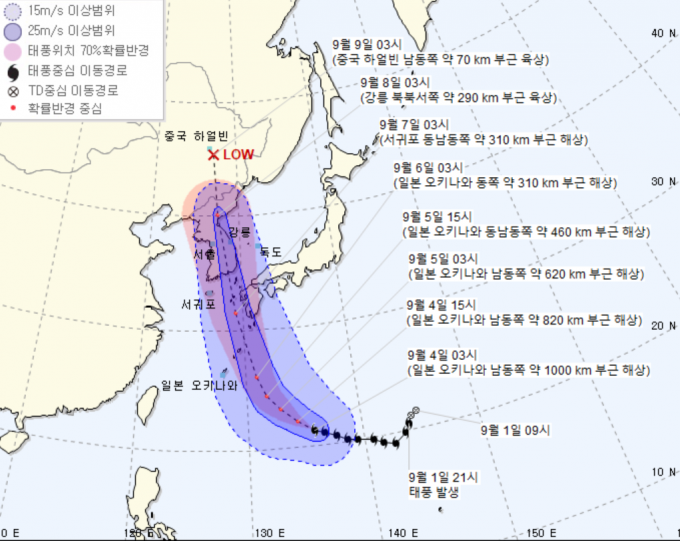 한미일 다른 하이선 예상경로 공통점은 서귀포 지나 한반도 관통