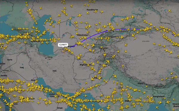 지난 16일(UTC) 출발한 중국발 룩셈부르크행 화물 비행편 'CLX9877'. 사진=flightradar24/텔레그래프 캡처
