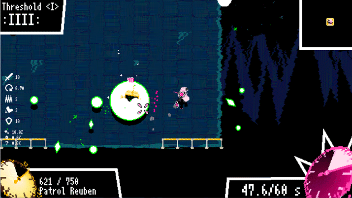 ▲ 무섭게 날아오는 탄막 사이에서 틈을 찾기 위해 시간을 멈추고 타격하는 것이 게임의 핵심이다 (사진제공: 시계태엽고양이);