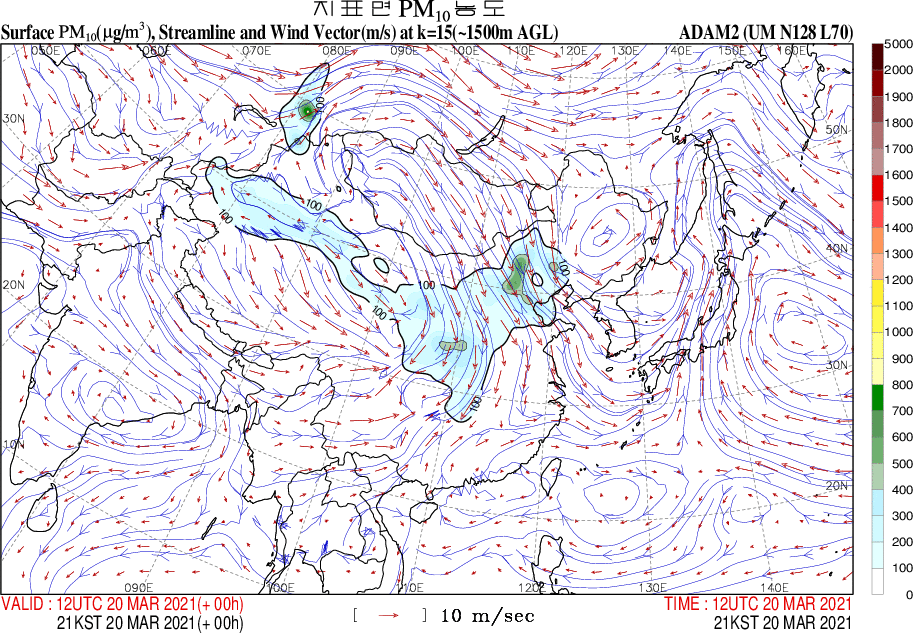 21일 중국 북부지역에서 발생 중인 황사. 21일 오후에 발원한 뒤 22일 우리나라에 영향을 끼칠 가능성이 있다. 자료 기상청