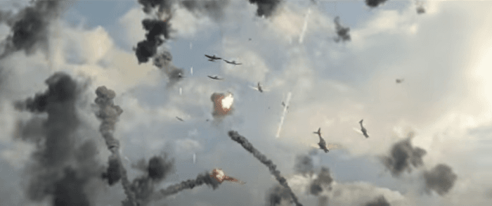 미드웨이 해전을 그린 영화 '미드웨이'에서 미국 해군 급강하폭격기가 일본 해군 항공모함을 격침시키고 있다. 이 전투에서 일본 해군은 4척의 항모를 잃었다. 이후 일본의 상승세는 꺽였고, 미국은 승리를 거둘 수 있었다. 라이온스게이트 유튜브 계정