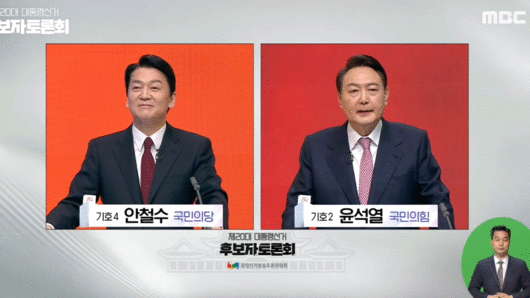 안철수 국민의당 대선 후보가 21일 서울 마포구 상암동 MBC에서 열린 3차 대선 후보 4자 토론에서 윤석열 국민의힘 대선 후보로부터 '디지털 데이터 경제' 공약 관련 답변을 들은 뒤 고개를 내젓고 있다./사진=MBC 방송 캡처.