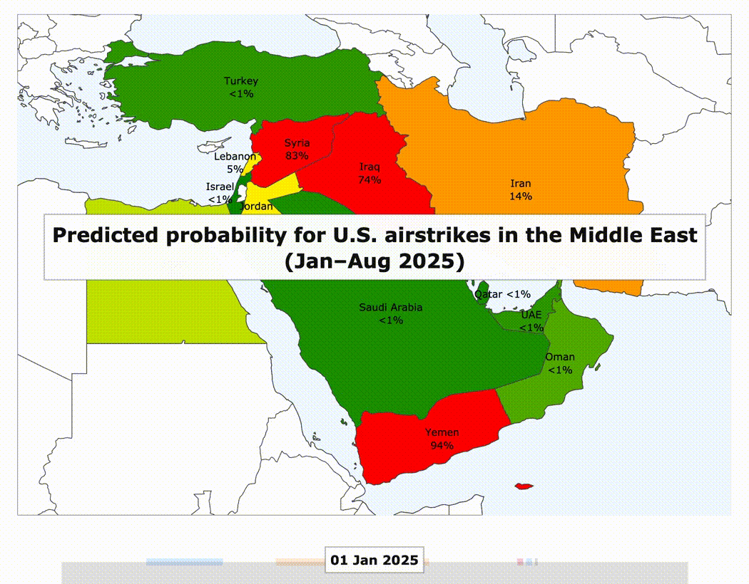 맨틱(Mantic)이 시연한 '미 공군의 공습 가능성' 예측 시나리오. 지난 6월 미국과 이스라엘의 이란 공습 시점이 임박하자 가능성이 치솟는 모습을 볼 수 있다. 맨틱 홈페이지