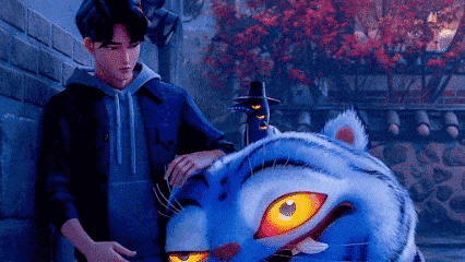 미국 애니메이션 'K팝 데몬 헌터스' 속 저승사자 진우와 그의 메신저 호랑이 더피. 넷플릭스 영상 캡처