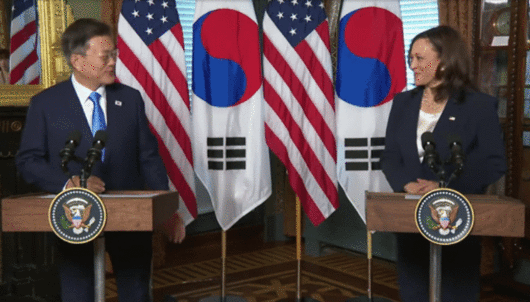 카멀라 해리스 미국 부통령이 문재인 대통령과 악수 후 상의에 손을 닦는 듯한 모습을 보여 논란이 일고 있다. [백악관 유튜브 캡처]