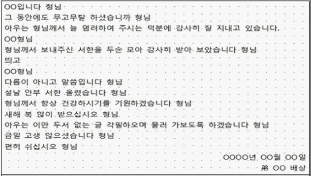 서울경찰청 형사기동대가 압수한 조직원의 서신 내용. “두손 모아 감사히 받아보았다”는 서신 처세가 담겨있다. [서울경찰청 제공]