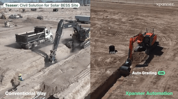 스패너의 건설 기계 자동화 피지컬 AI 설루션 'X1' 적용 비교 영상. 왼쪽은 일반적인 태양광 건설 현장의 모습, 오른쪽은 X1을 적용해 건설 작업을 자동화한 모습 (스패너 홈페이지 갈무리)