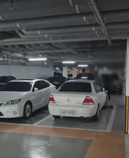 한 남성이 아파트 지하주차장에서 테니스 연습을 하고 있다. 출처=보배드림