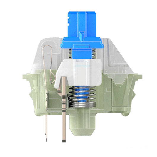 청축 스위치의 내부 모습. 스템(파란색+하얀색)을 누르면 일정 포인트에서 하얀색 부분이 빠르게 하강해 소리를 발생시킨다. 하얀색 부품의 걸쇠(금속 접점과 맞닿는 부분)부분이 살짝 휘어져 있어 촉각적 피드백을 준다.
