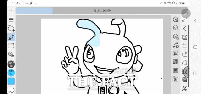 갤럭시S23울트라에 탑재된 S펜과 일러스트 프로그램 '클립스튜디오' 등을 활용하면 간단한 이미지 작업을 할 수 있다. 사진은 갤럭시S23울트라로 클립 스튜디오를 실행해 그린 삼성전자의 인기 캐릭터 '지누스마스'. /최문정 기자